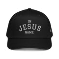 Black cap with 'IN JESUS NAME' 