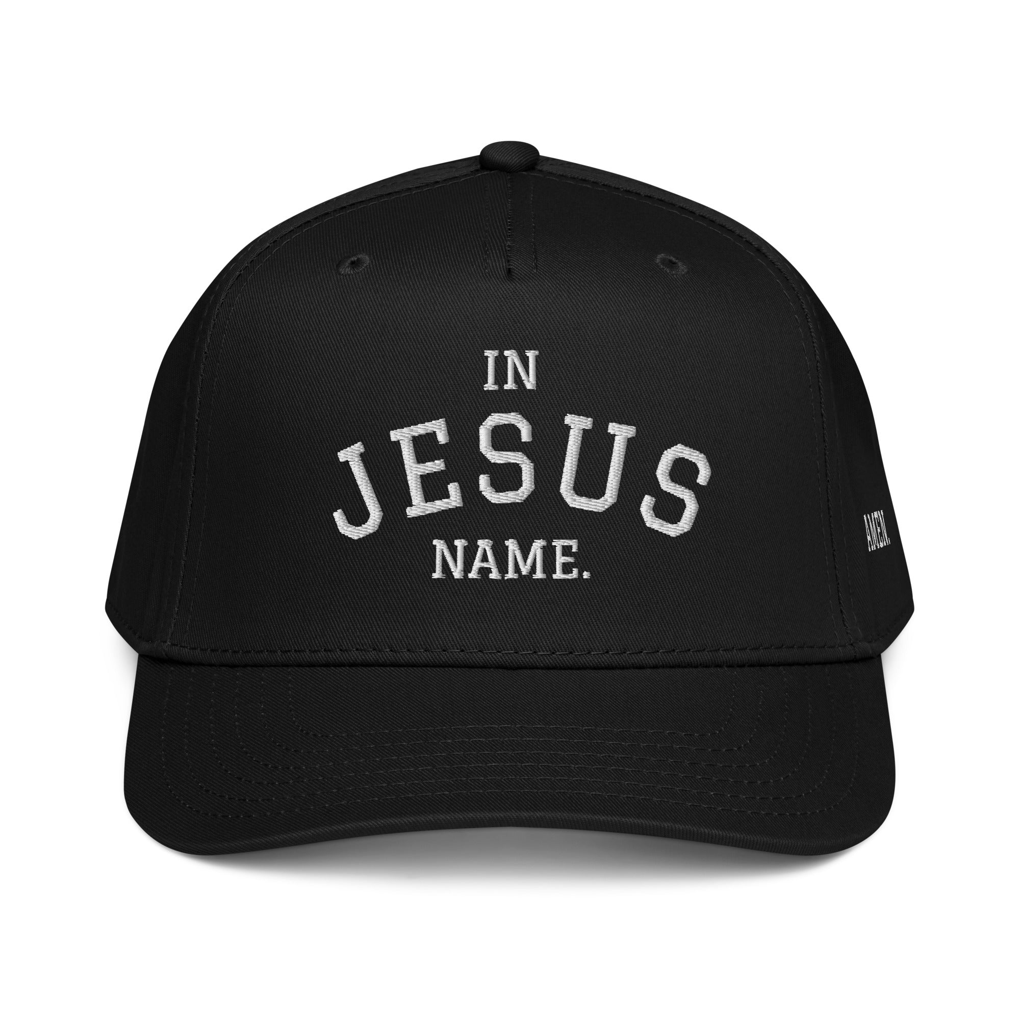 Black cap with 'IN JESUS NAME' 