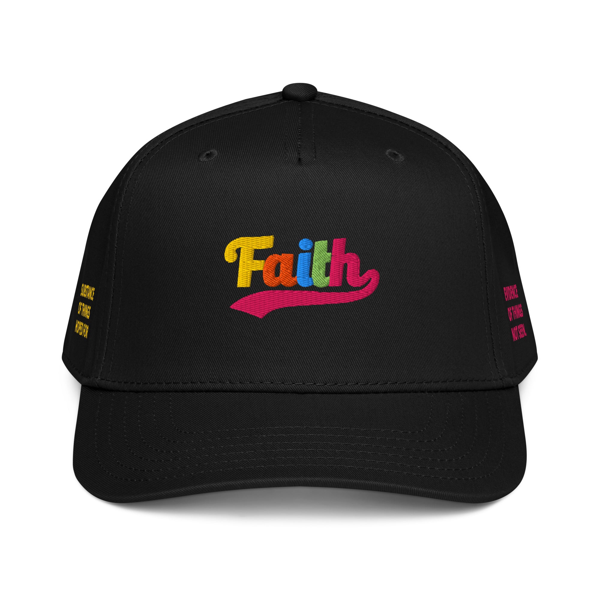Black cap with 'Faith' in colorful letters 