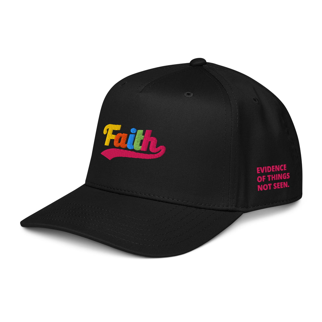 Black cap with colorful 'Faith' text - angle view
