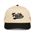 Beige and black cap with 'Faith' text 