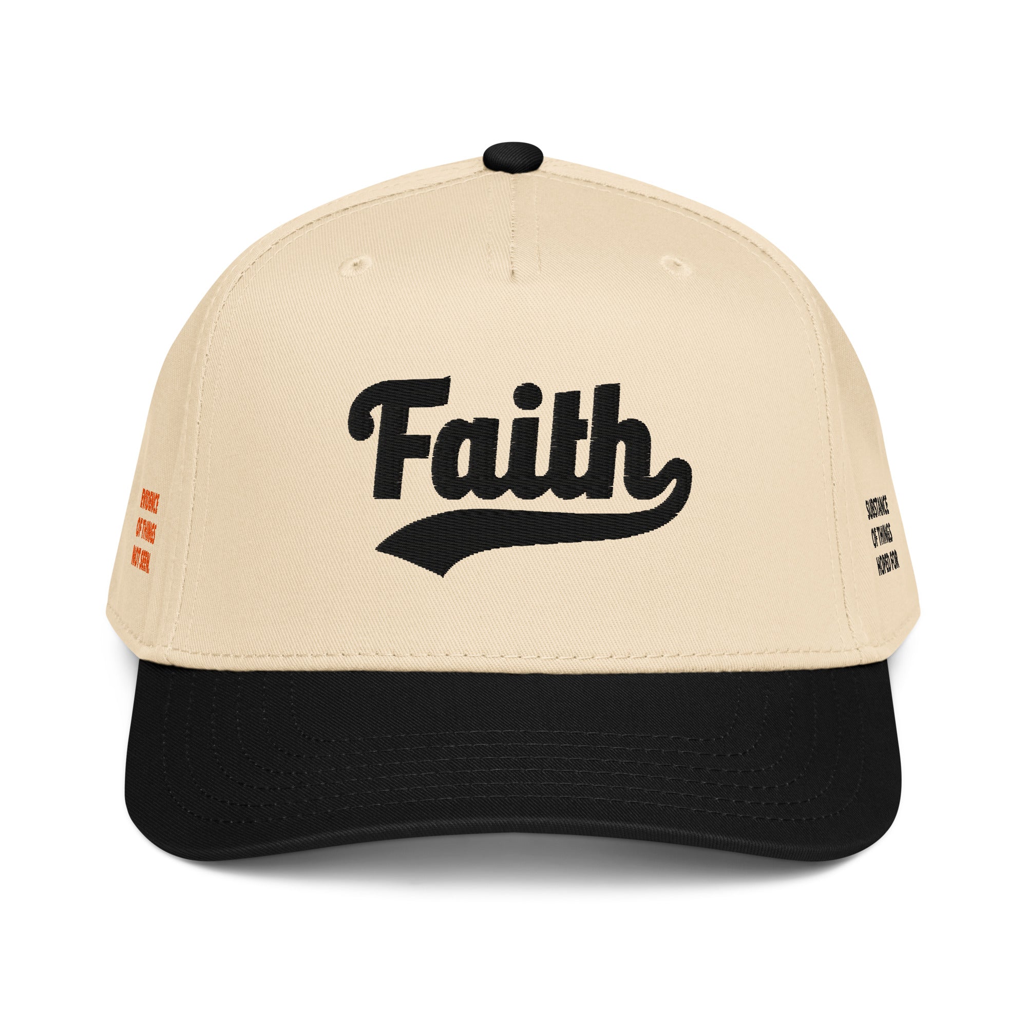 Beige and black cap with 'Faith' text 