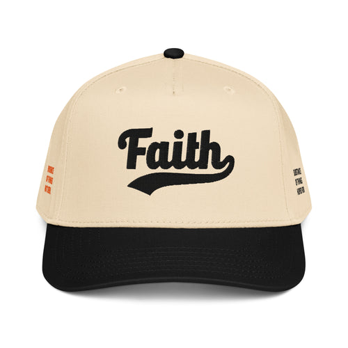Beige and black cap with 'Faith' text 