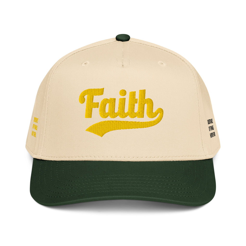 Beige and green cap with 'Faith' embroidered 