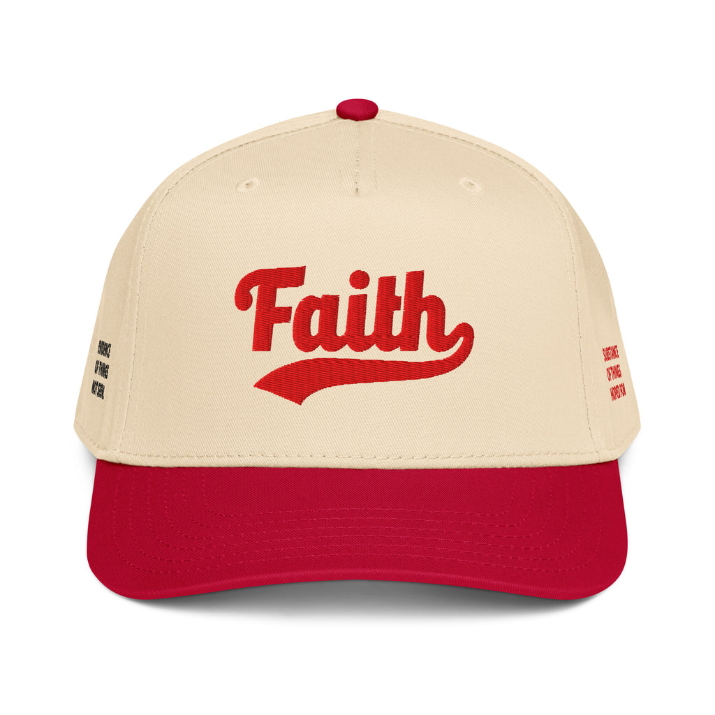 Beige and red cap with 'Faith' text 