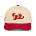 Beige and red cap with 'Faith' text 