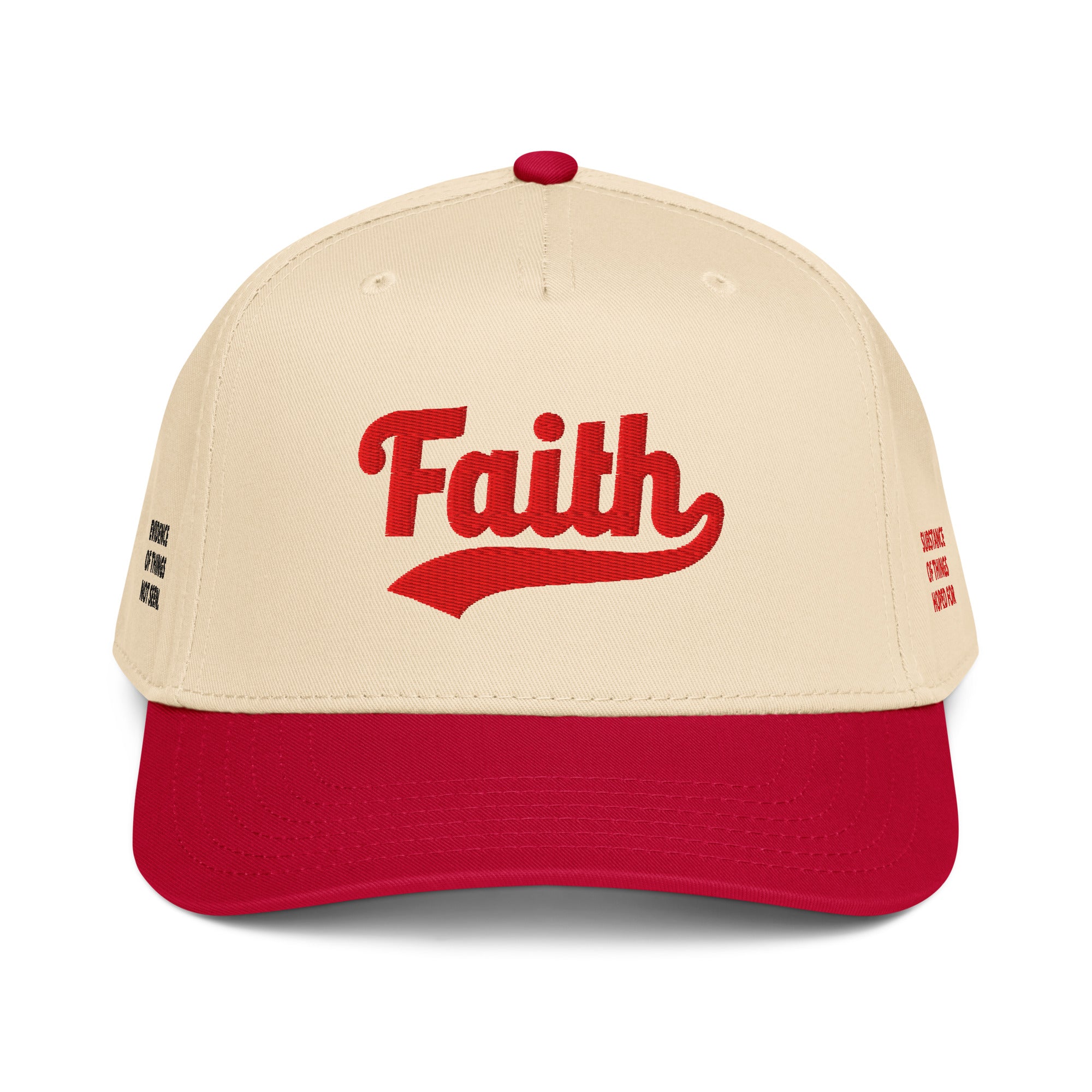Beige and red cap with 'Faith' text 