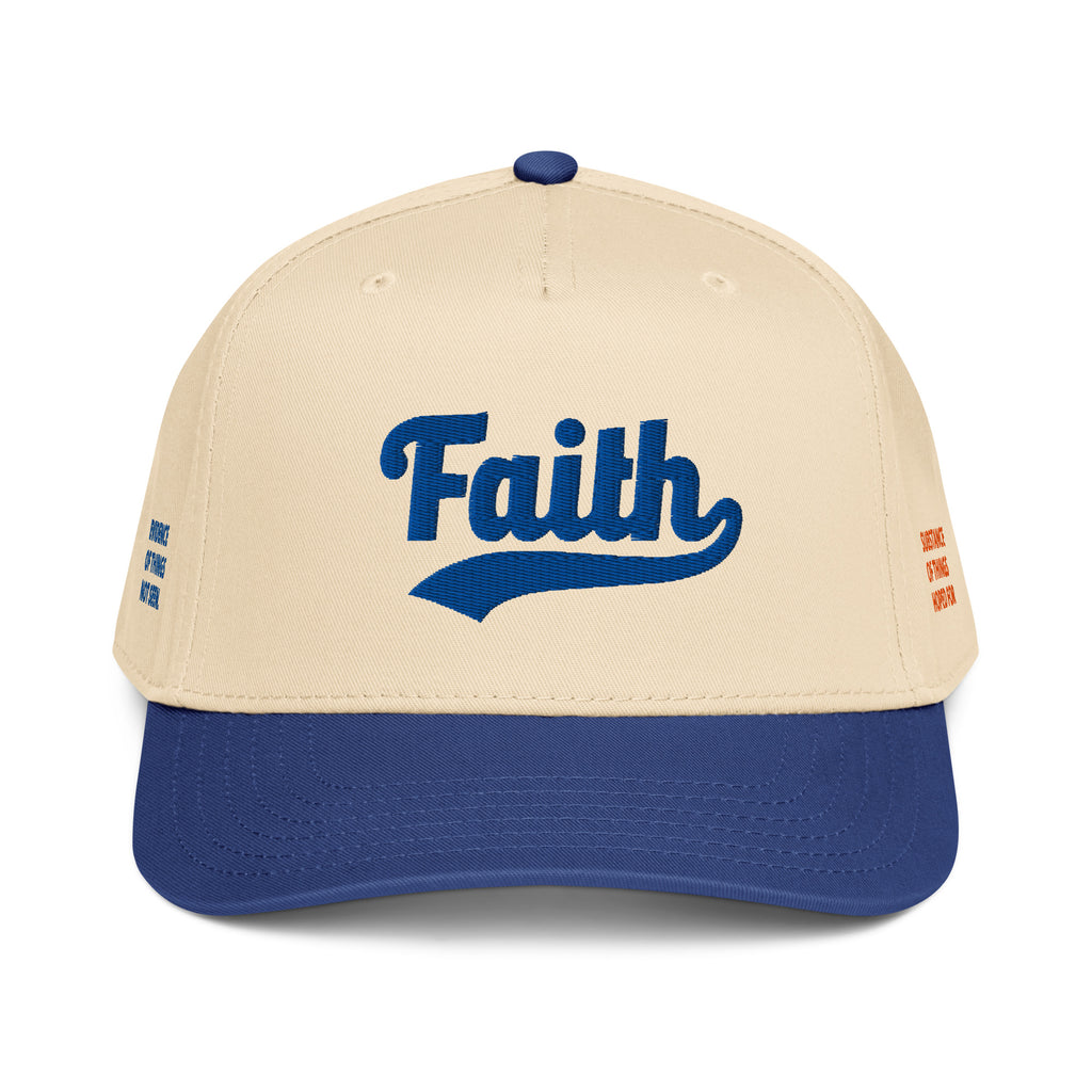 Beige and blue cap with 'Faith' text 