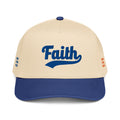 Beige and blue cap with 'Faith' text 