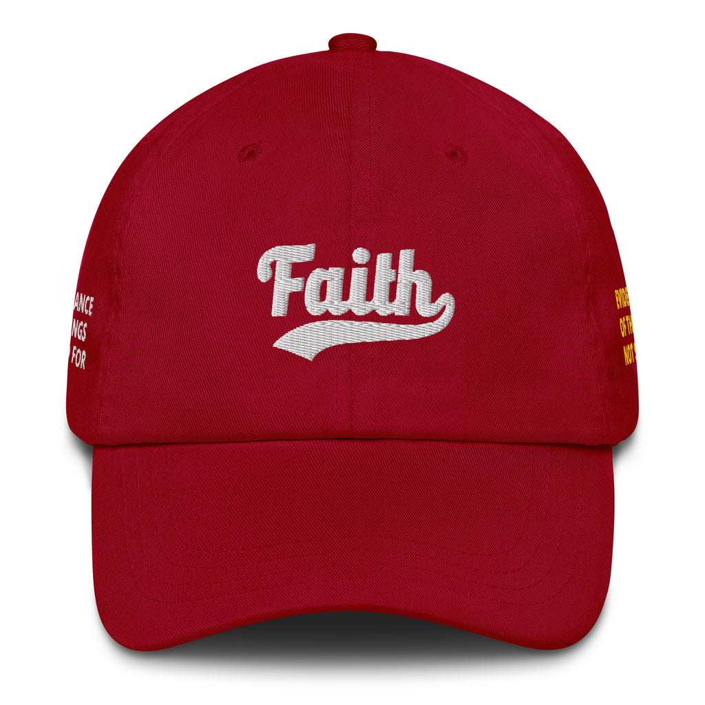 Red cap with 'Faith' embroidered on it 