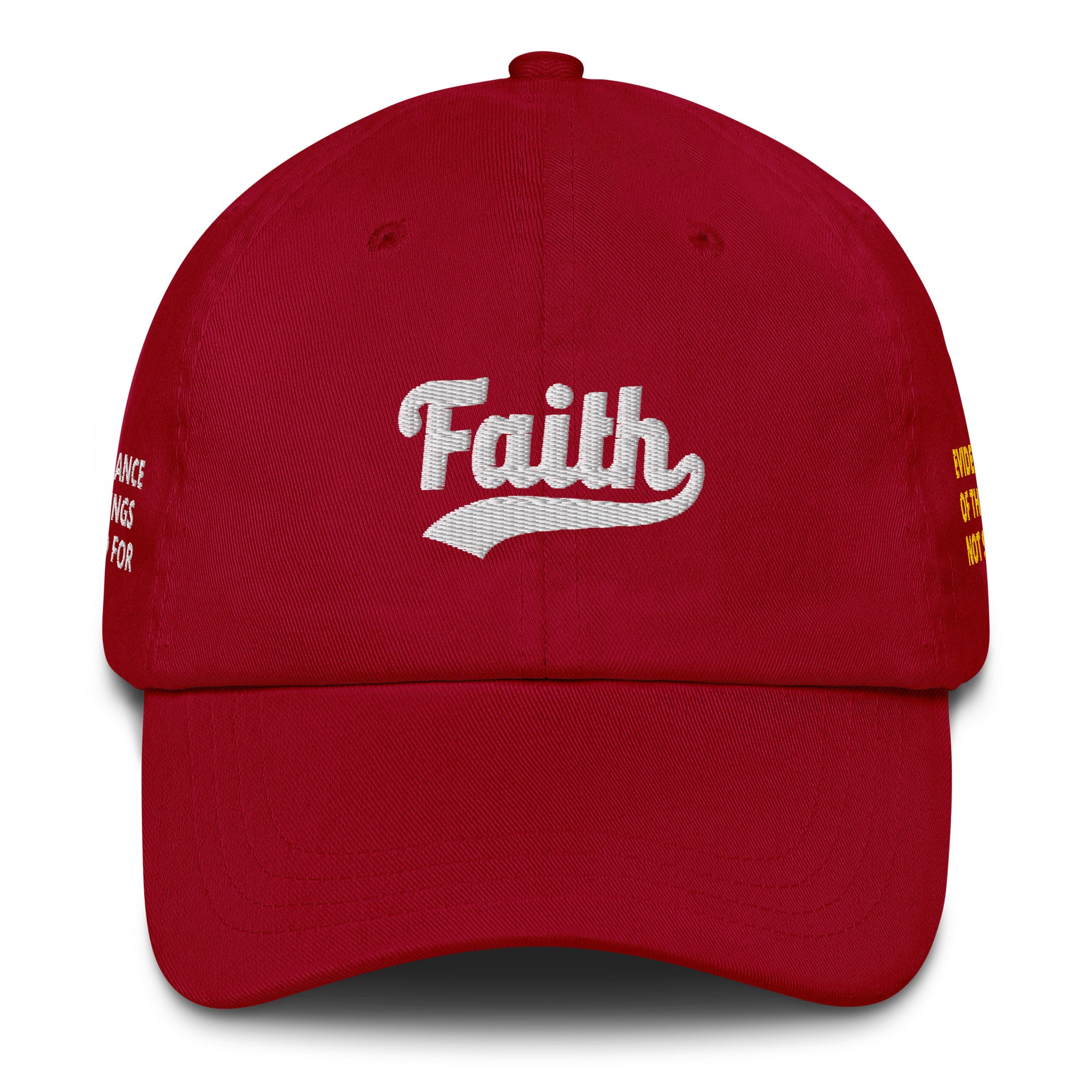 Red cap with 'Faith' embroidered on it 