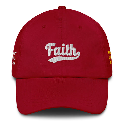 Red cap with 'Faith' embroidered on it 