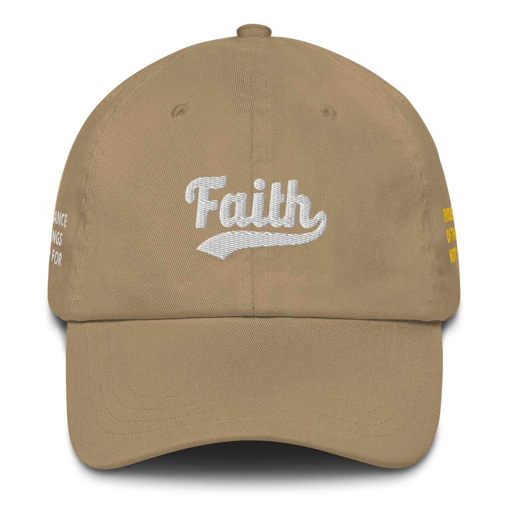 Beige cap with 'Faith' embroidered on it 