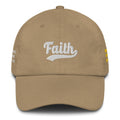 Beige cap with 'Faith' embroidered on it 