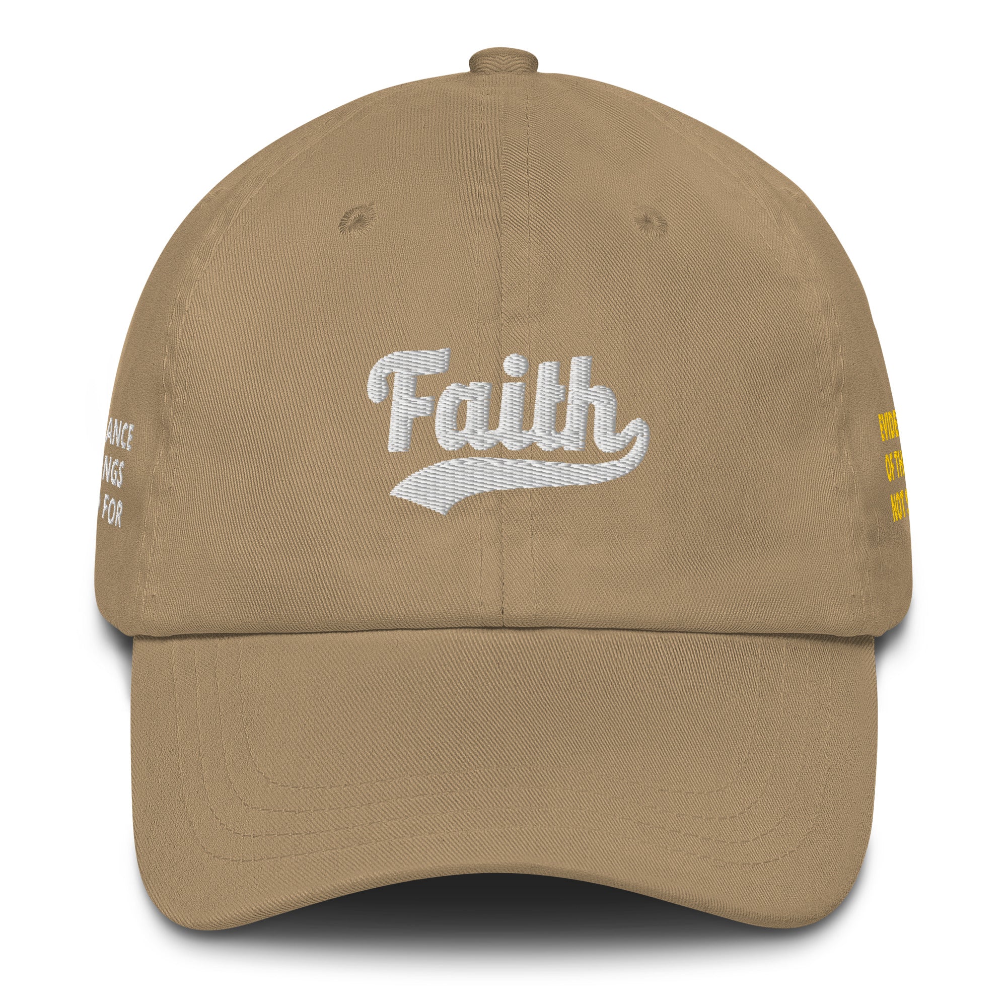 Beige cap with 'Faith' embroidered on it 