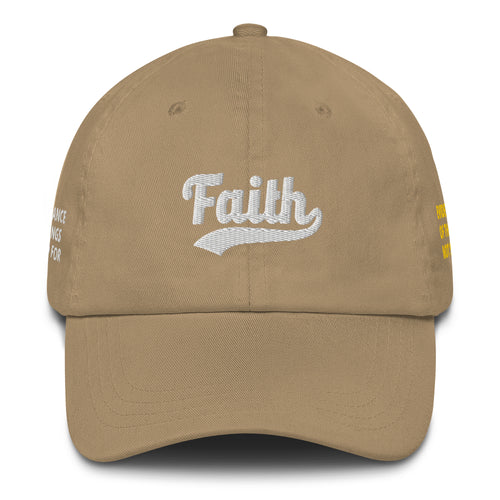 Beige cap with 'Faith' embroidered on it 