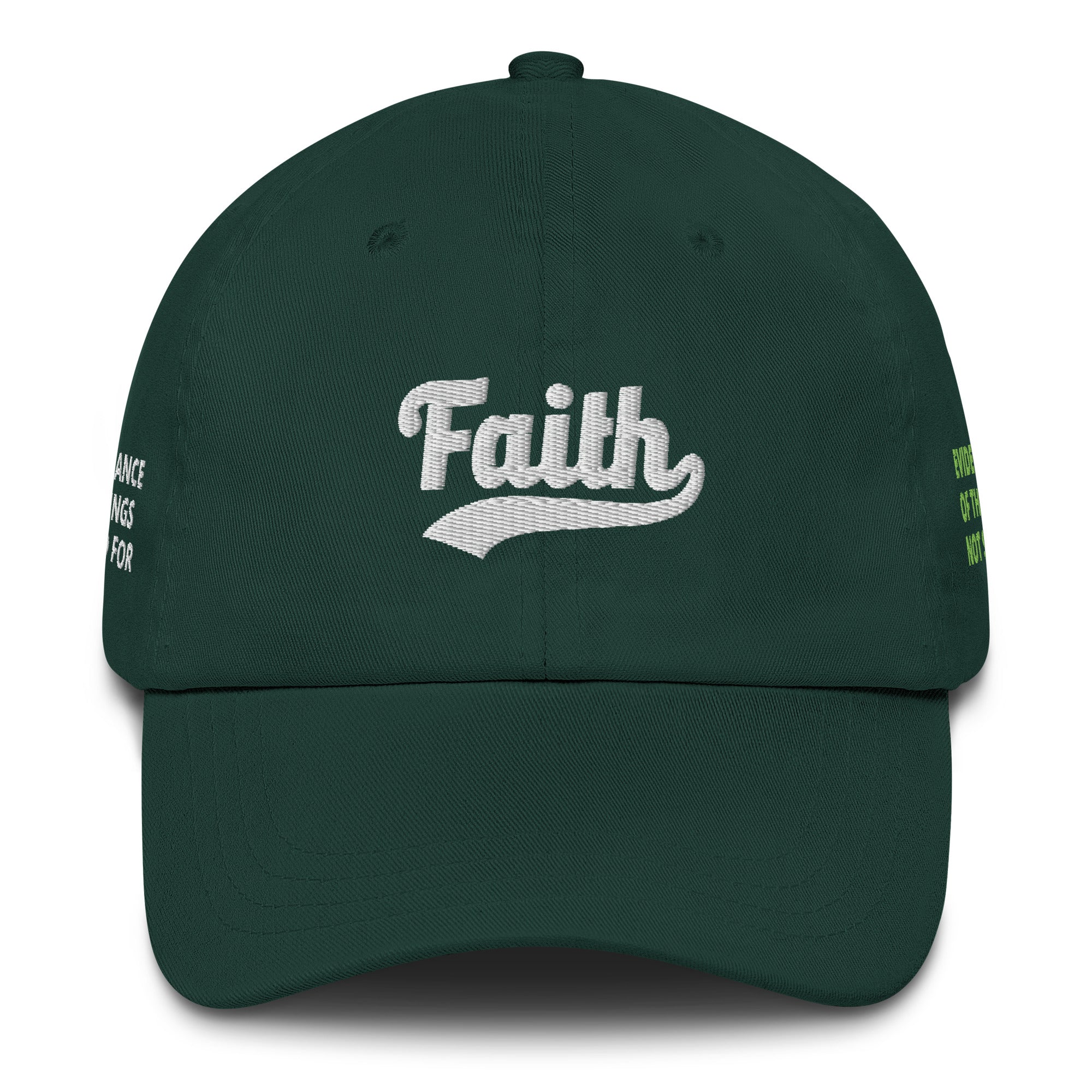 Green cap with 'Faith' embroidered 