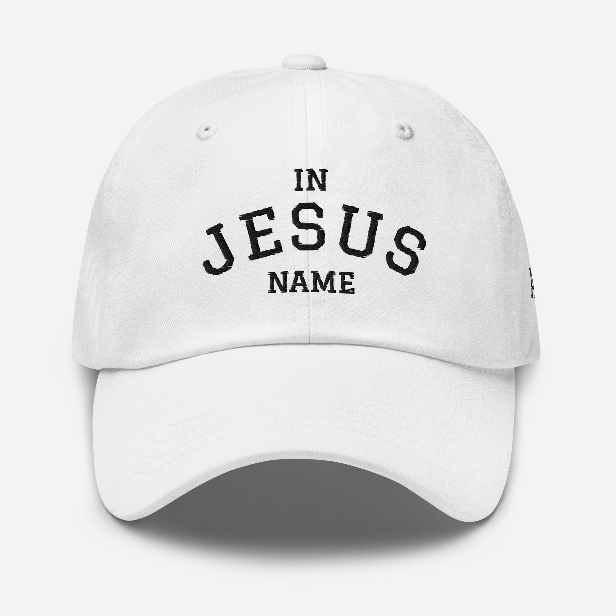 White cap with 'In Jesus Name' text 