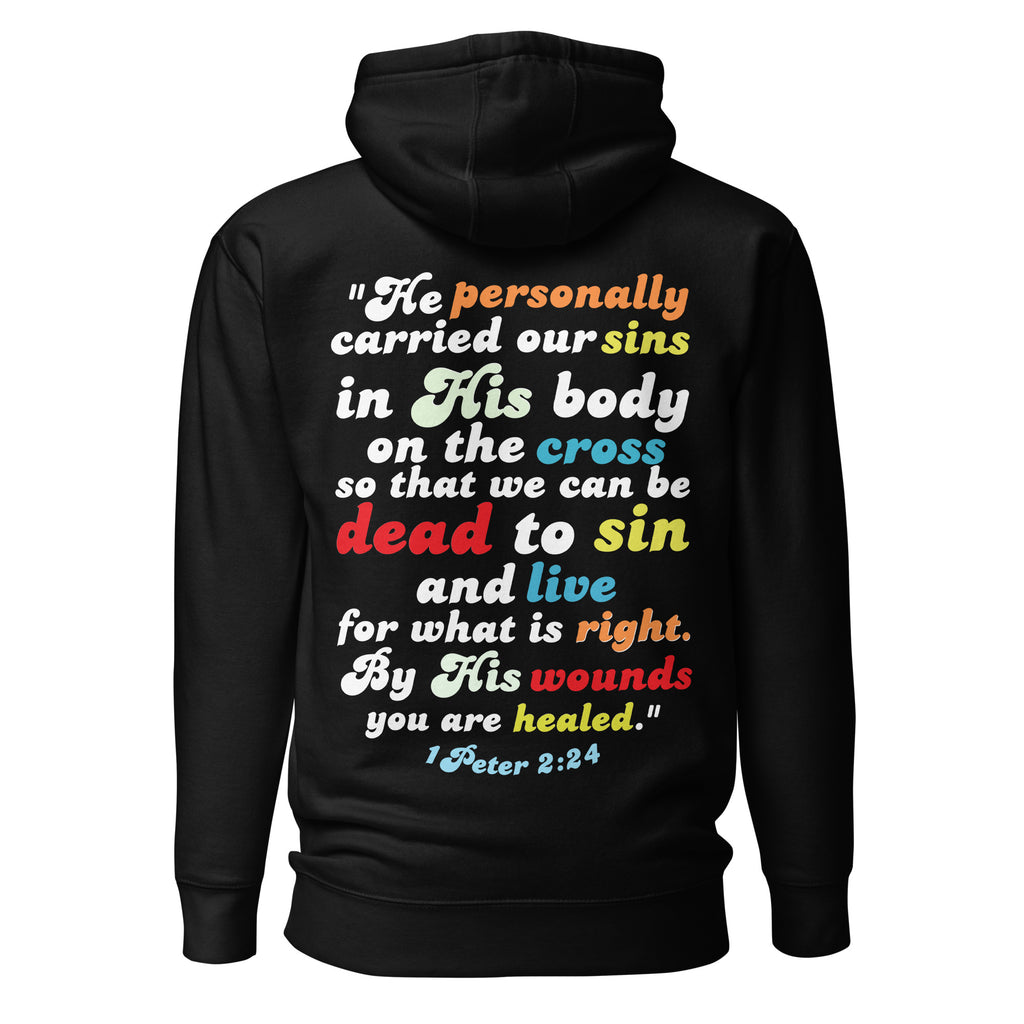 Black hoodie with colorful text quote on the back