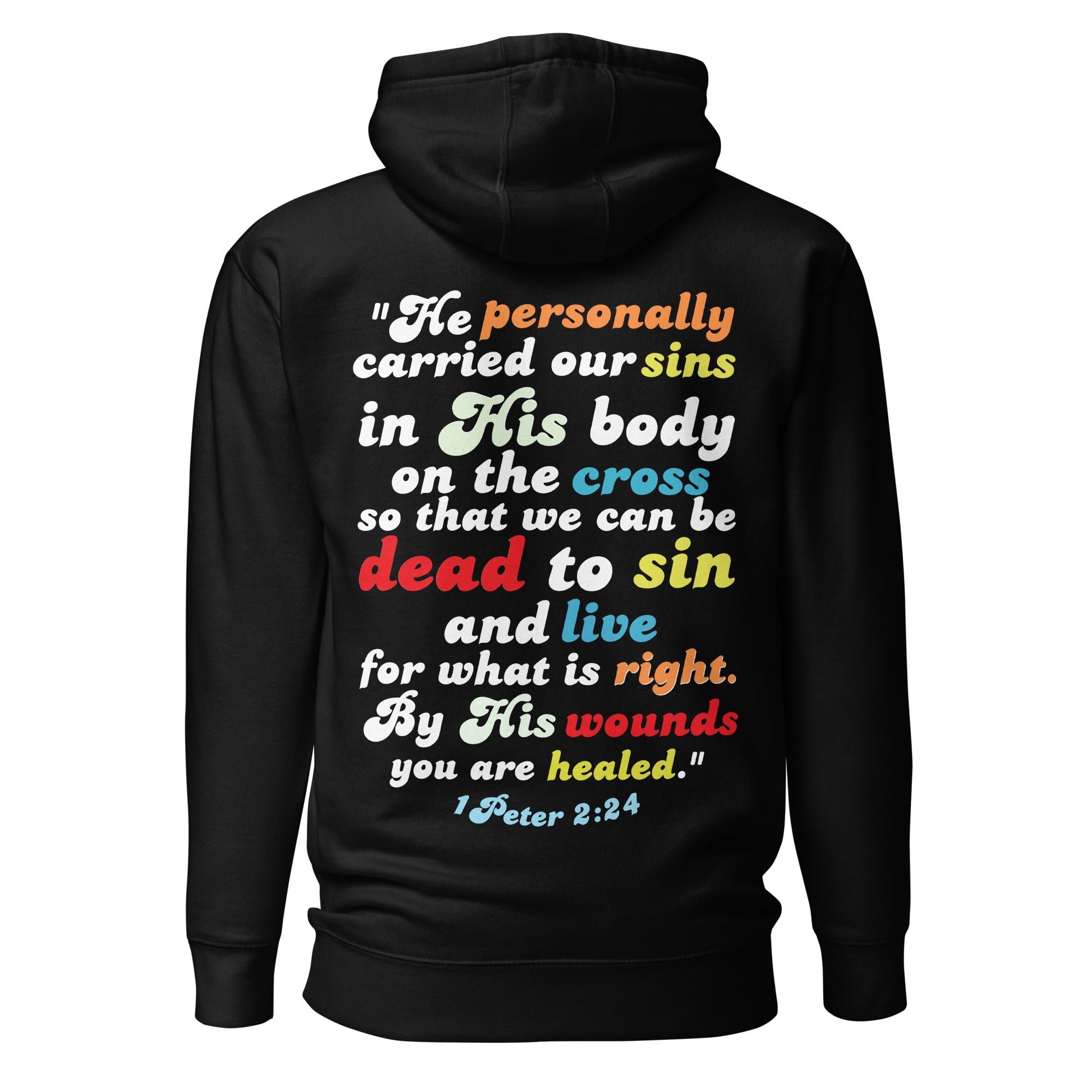 Black hoodie with colorful text quote on the back