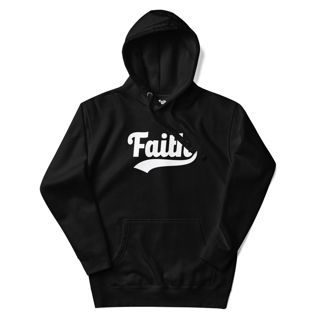 Black hoodie with 'Faith' printed on it 