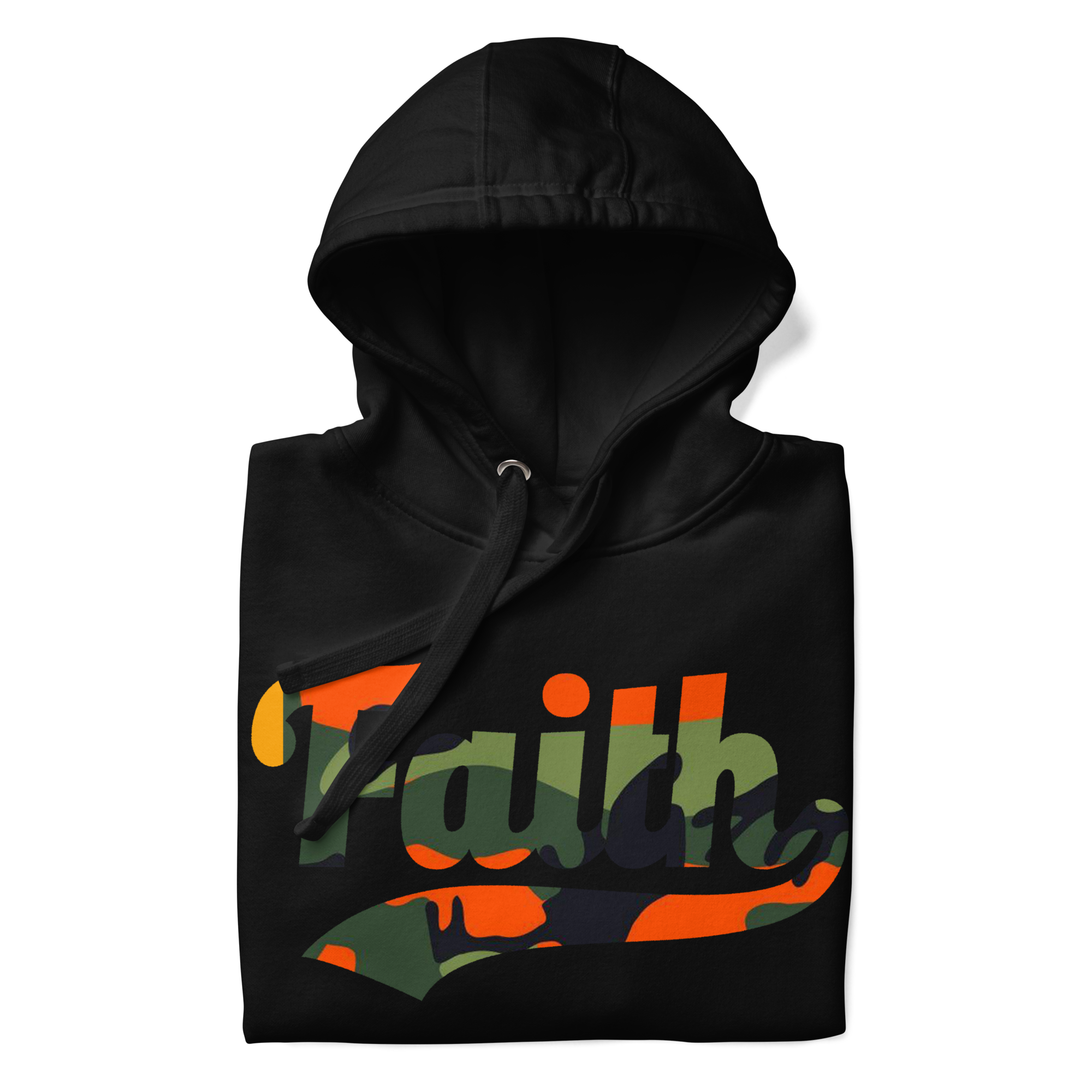Camo hoodie with colorful 'Faith'