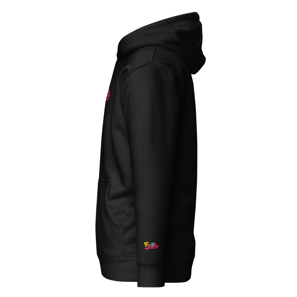 Black hoodie with colorful branding on left wrist