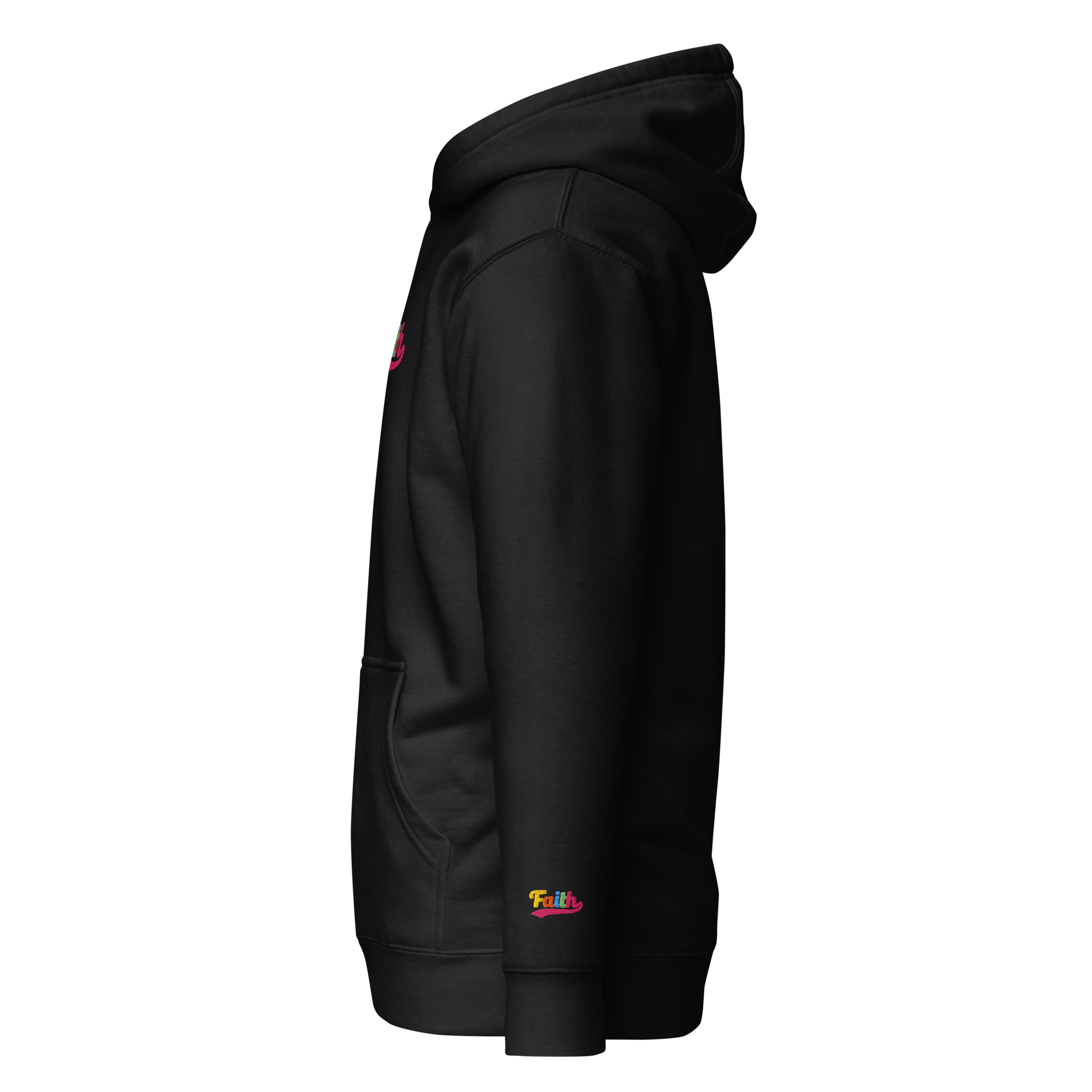 Black hoodie with colorful branding on left wrist