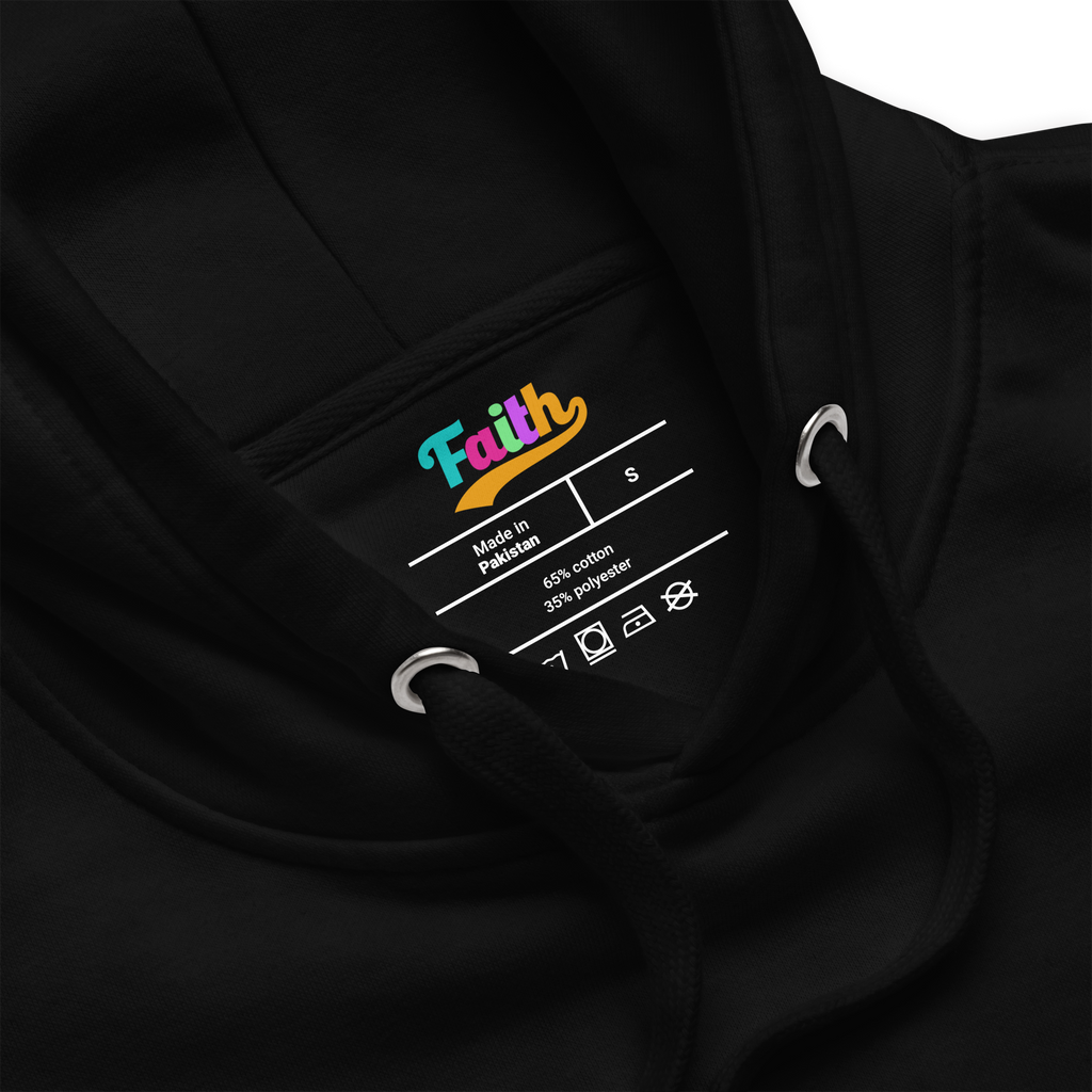 Black hoodie with a label featuring the word 'Faith' on a 