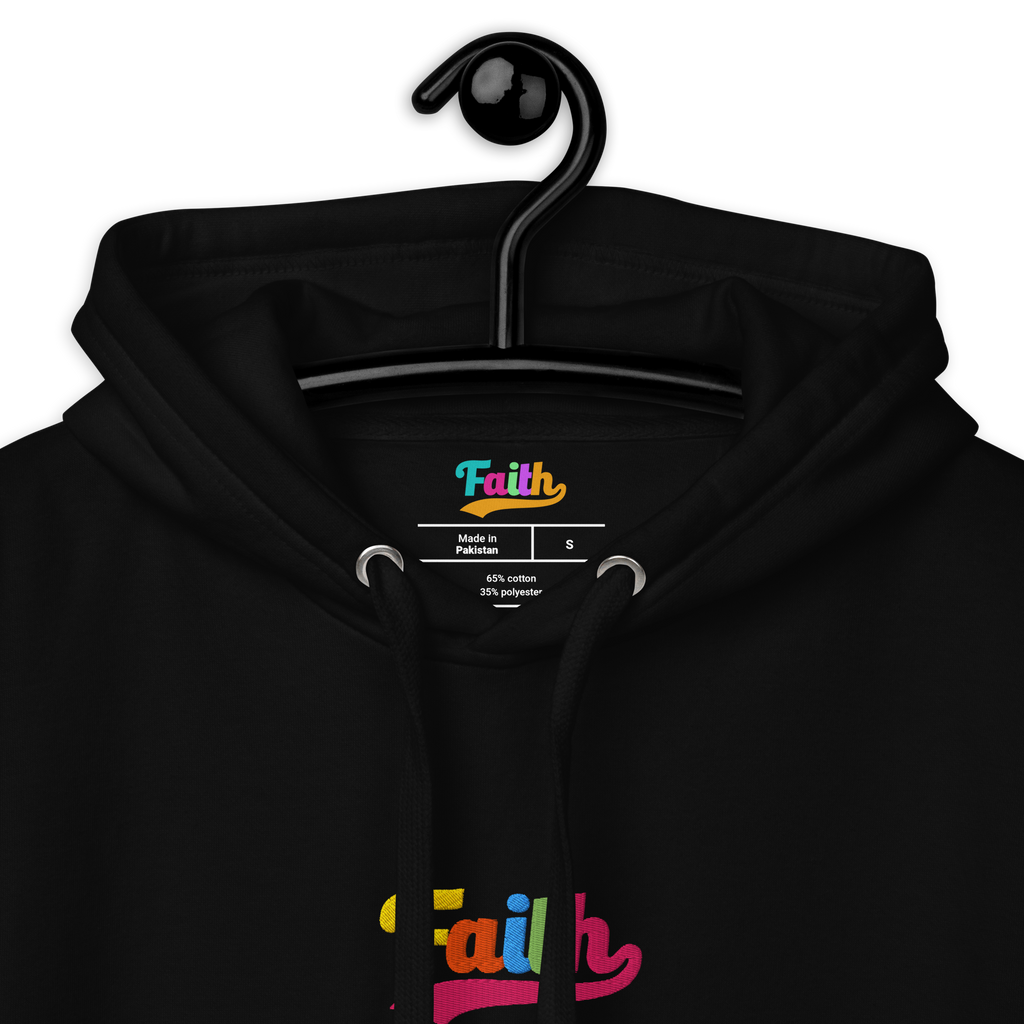 Black hoodie with 'Faith' printed on it, hanging on a black hanger against a white background.