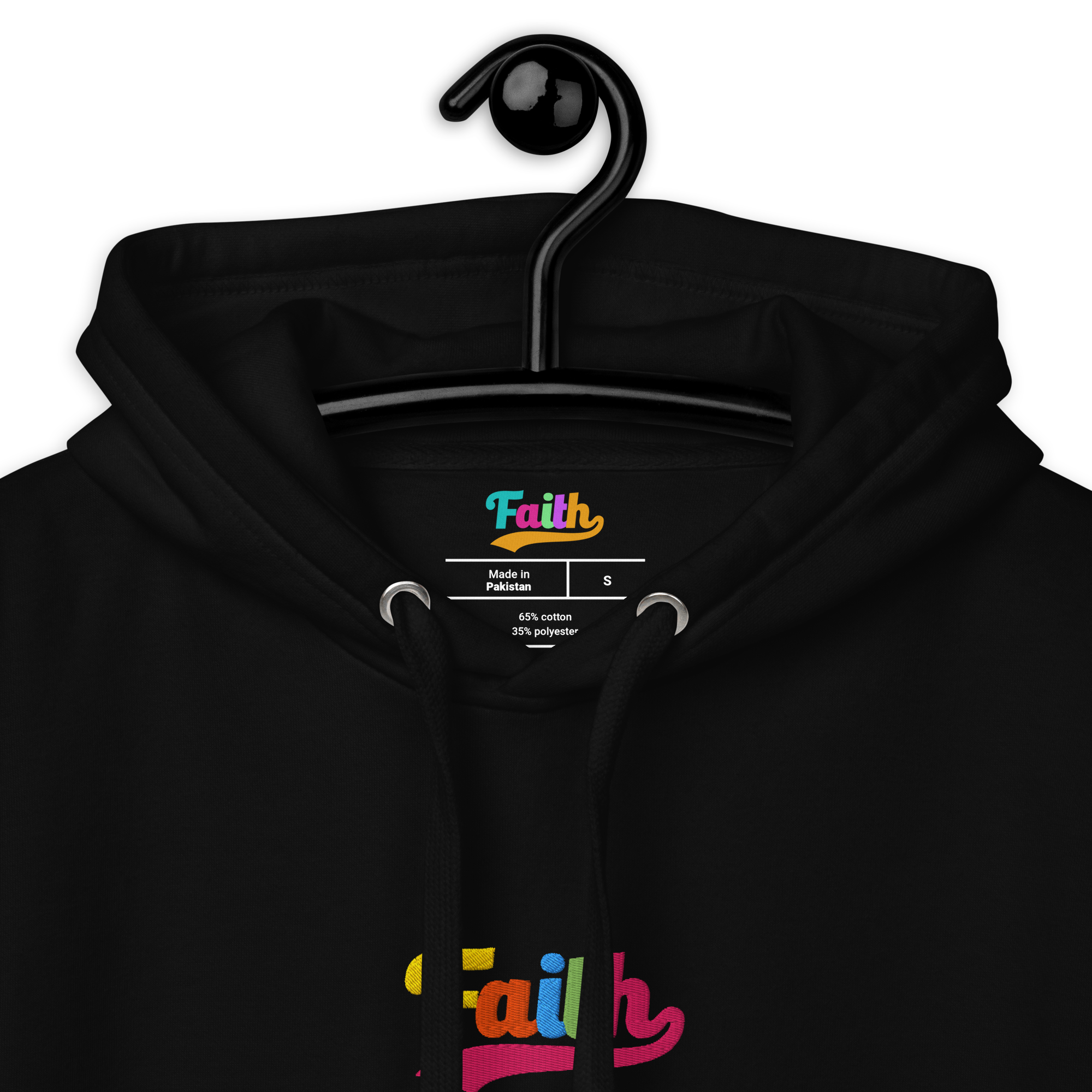 Black hoodie with 'Faith' printed on it, hanging on a black hanger against a white background.