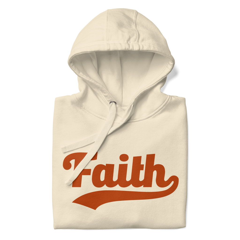 Beige hoodie with 'Faith' printed in orange 
