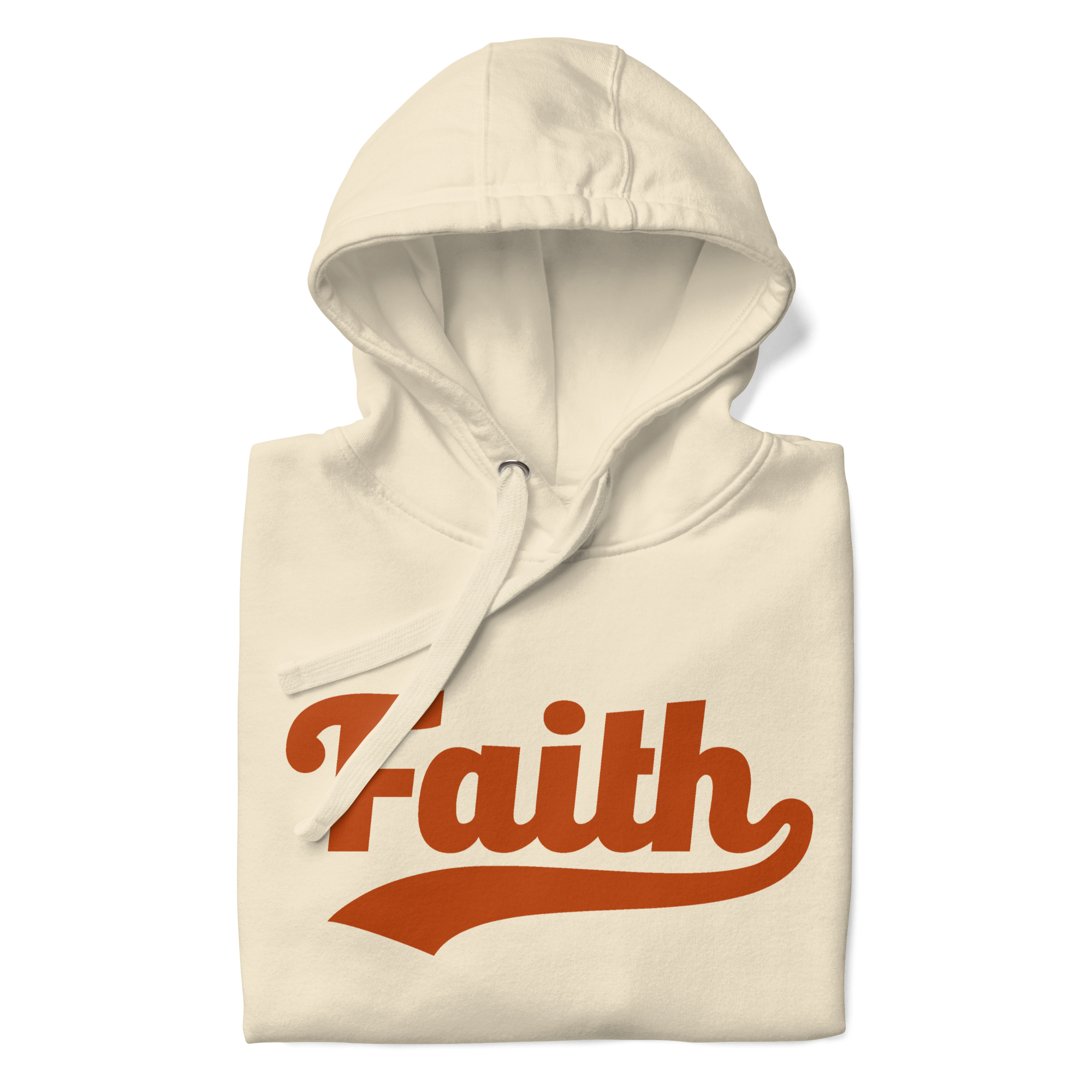 Beige hoodie with 'Faith' printed in orange 