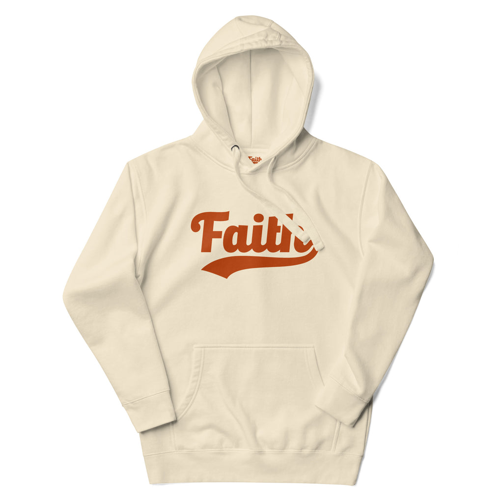 Beige hoodie with 'Faith' printed in orange 