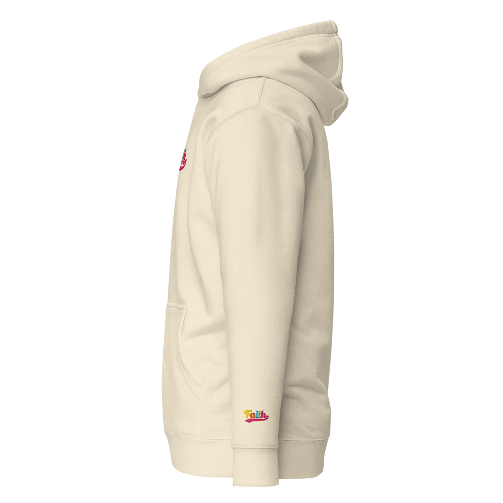 Beige hoodie with colorful logo on left wrist
