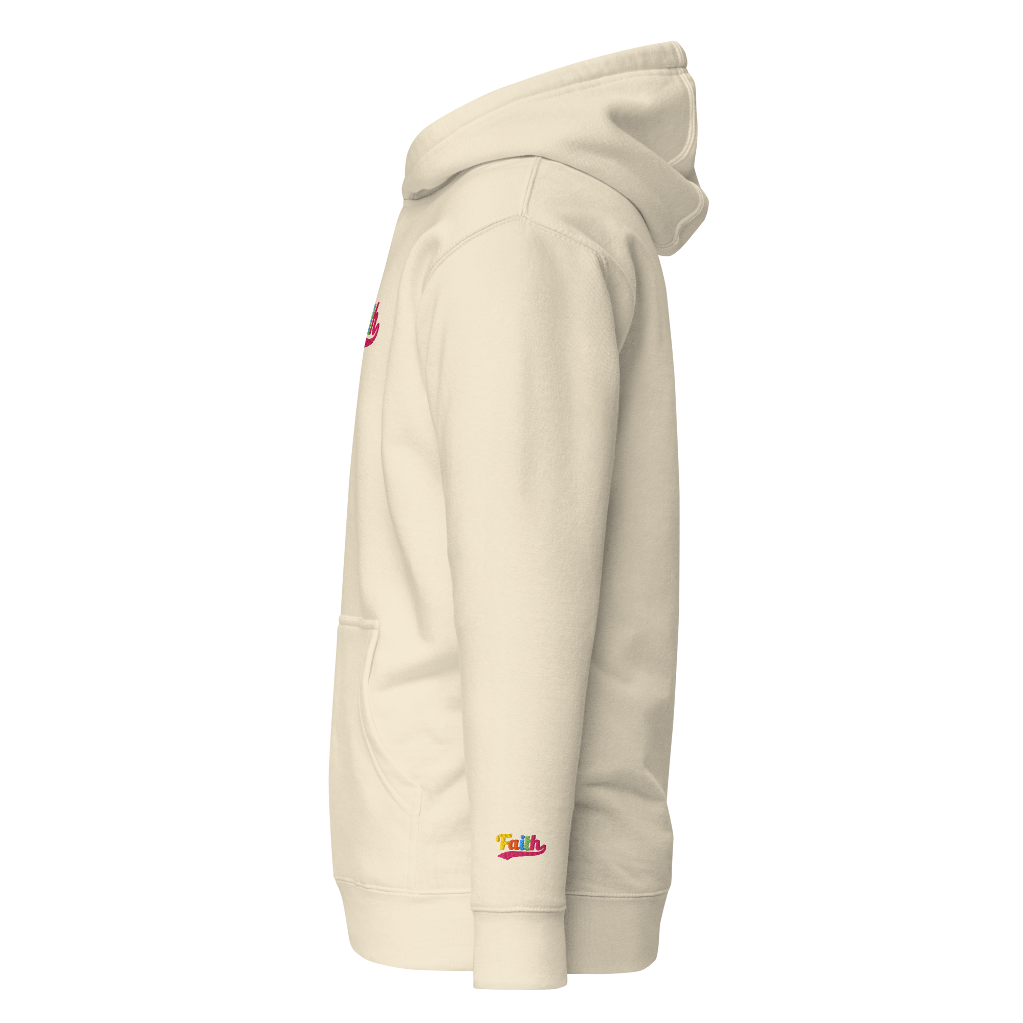 Beige hoodie with colorful logo on left wrist