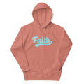Dusty pink hoodie with 'Faith' printed in light blue 