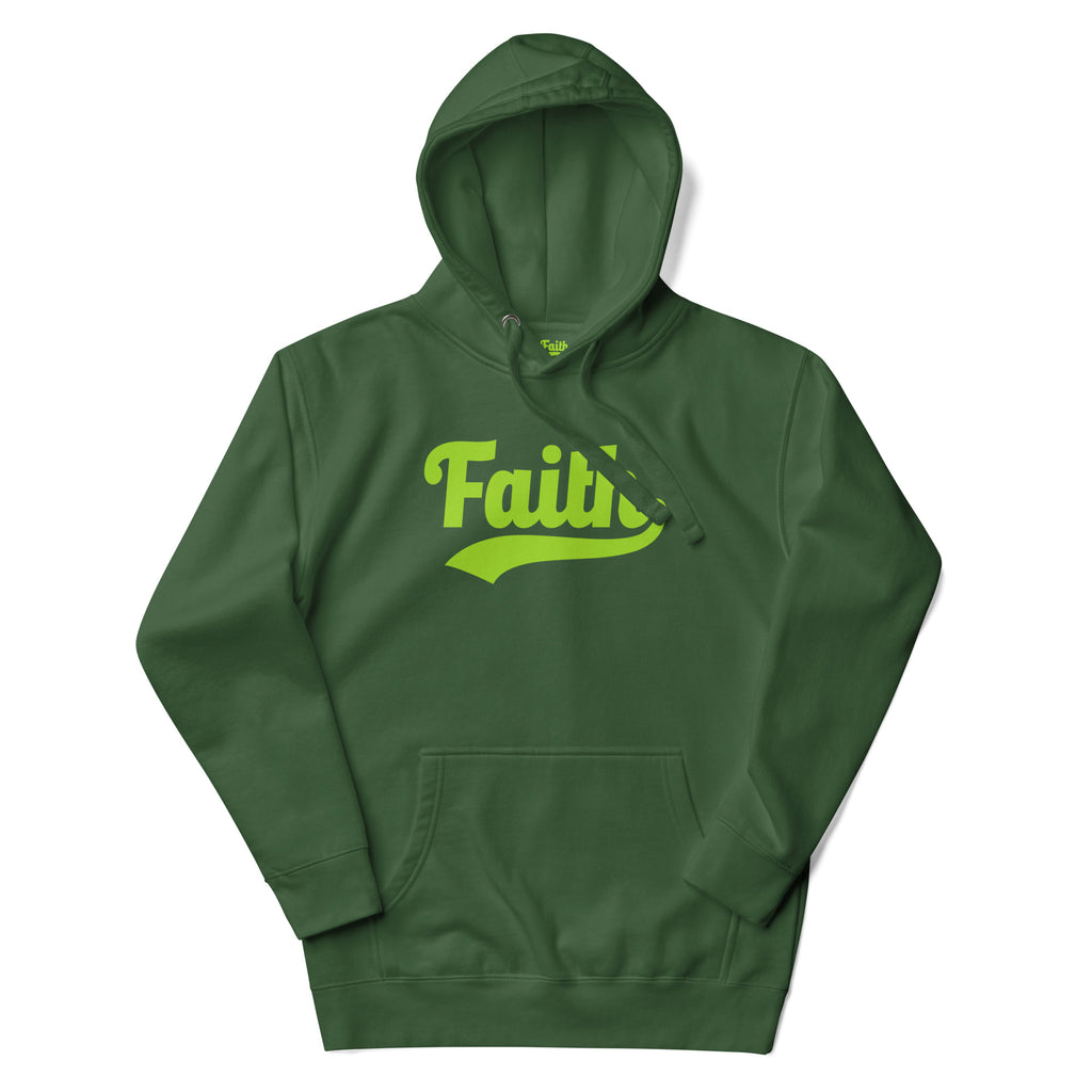 Green hoodie with 'Faith' printed on it 