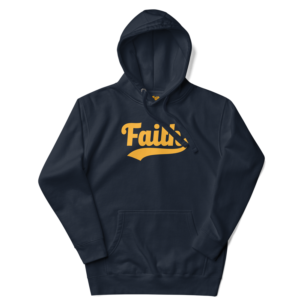 Navy hoodie with 'Faith' printed in orange  