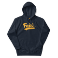 Navy hoodie with 'Faith' printed in orange  