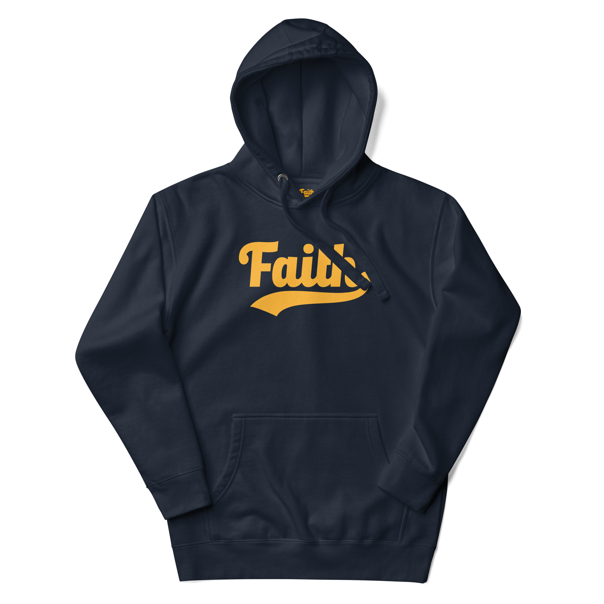 Navy hoodie with 'Faith' printed in orange  