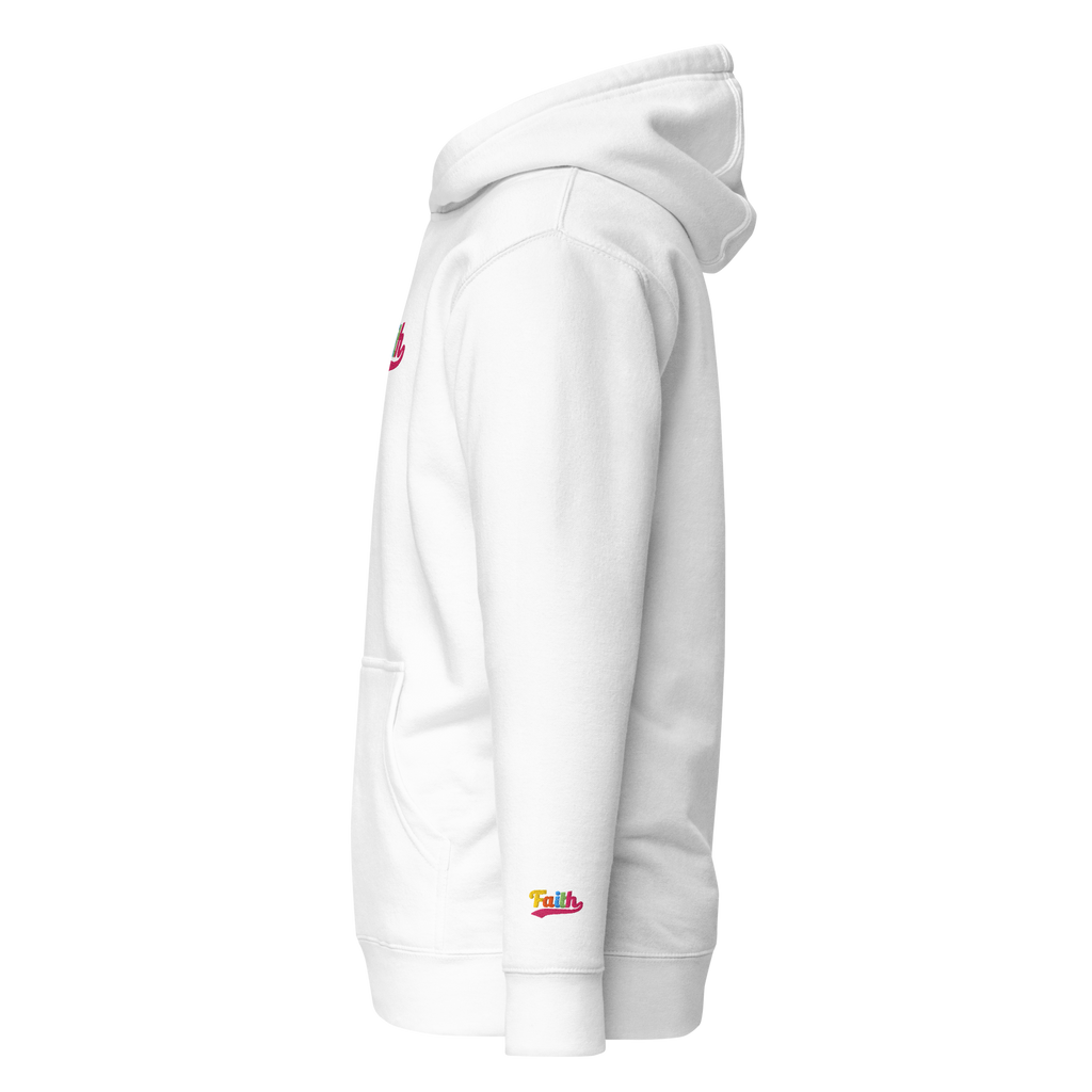 White hoodie with colorful logo on wrist