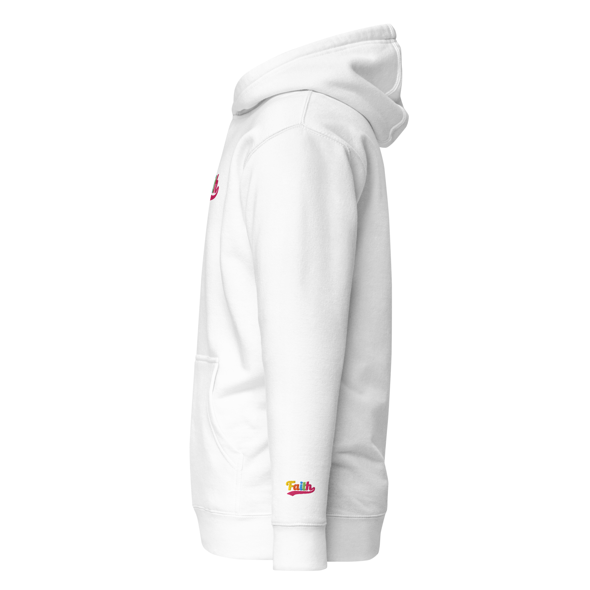 White hoodie with colorful logo on wrist