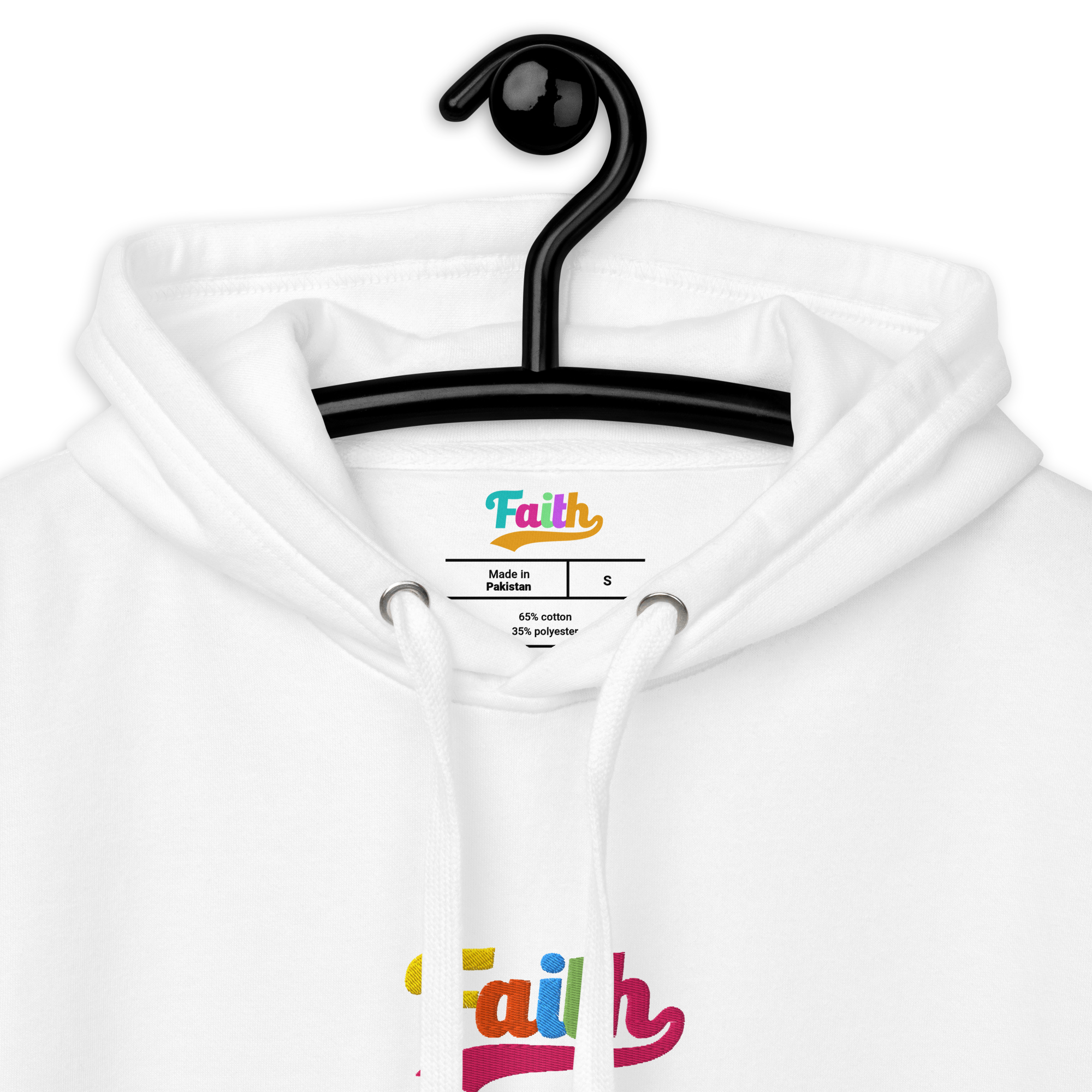 White hoodie with colorful 'Faith' text on a hanger against a white background