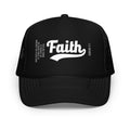 Black trucker cap with 'Faith' printed 