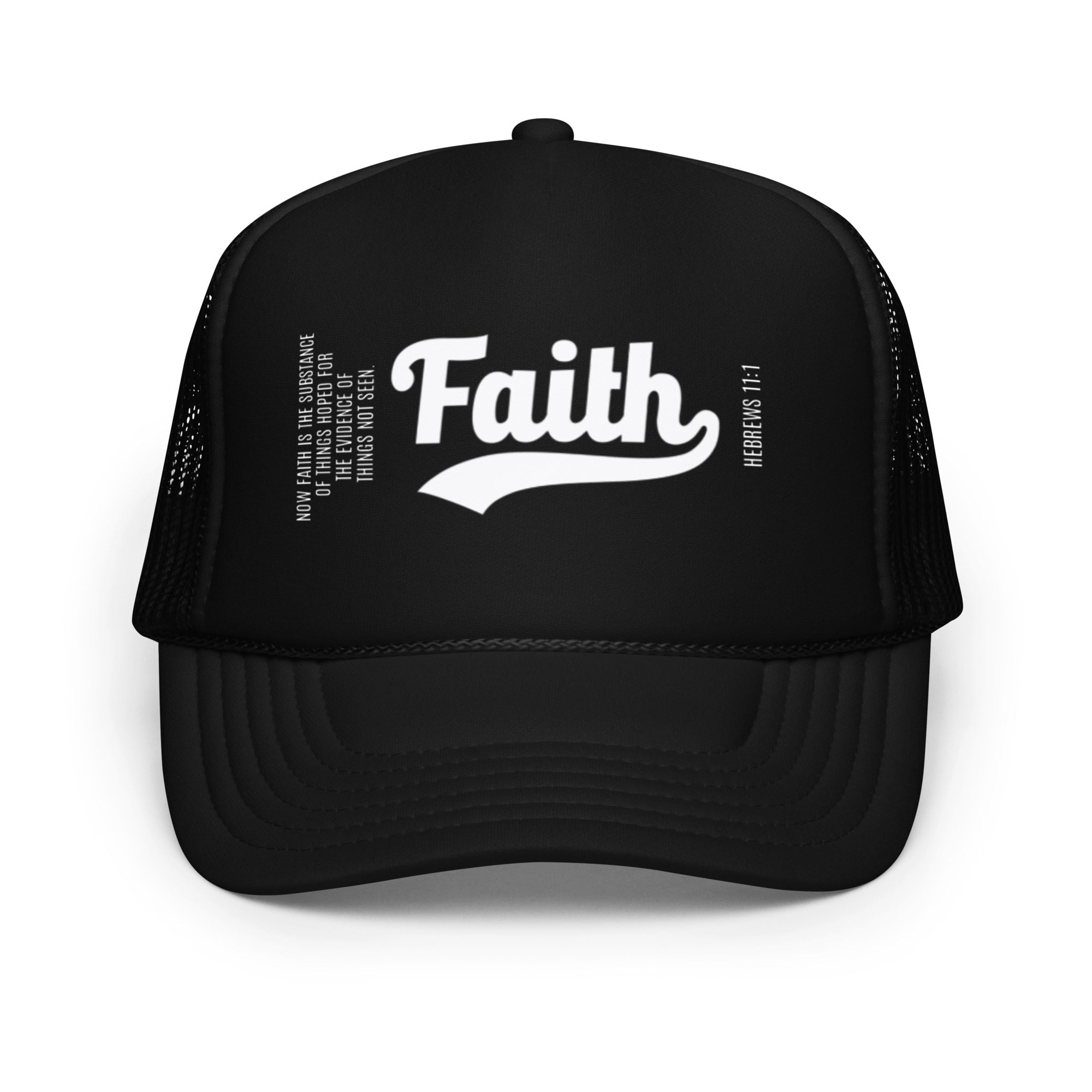 Black trucker cap with 'Faith' printed 