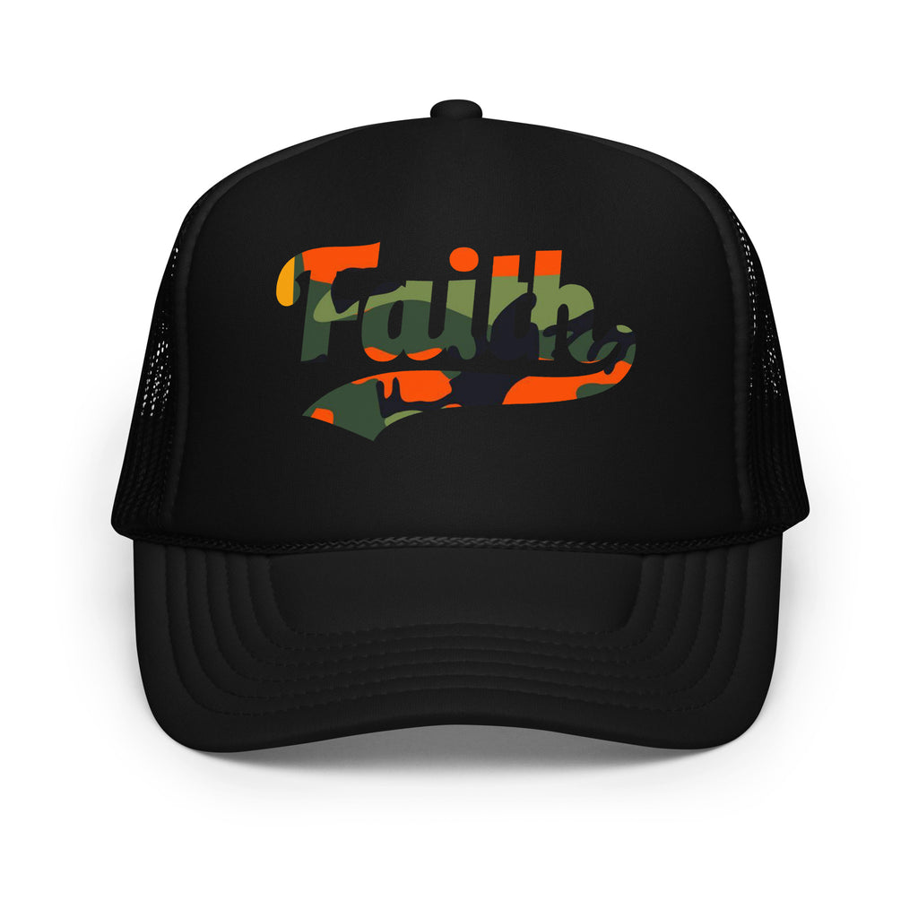 Black trucker hat with 'Faith' printed on it 