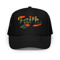 Black trucker hat with 'Faith' printed on it 