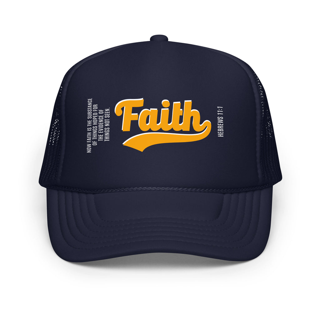 Navy blue cap with orange 'Faith' text 