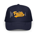 Navy blue cap with orange 'Faith' text 